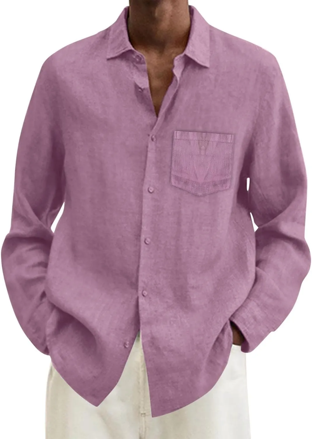 Mens Cotton Linen Button Down Shirts Loose Fit Long Sleeve Lapel T Shirts Retro Lightweight Solid Color Dress Shirt