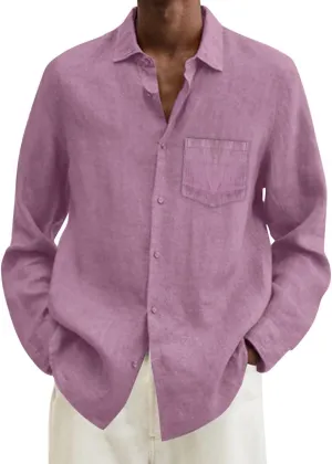 Mens Cotton Linen Button Down Shirts Loose Fit Long Sleeve Lapel T Shirts Retro Lightweight Solid Color Dress Shirt
