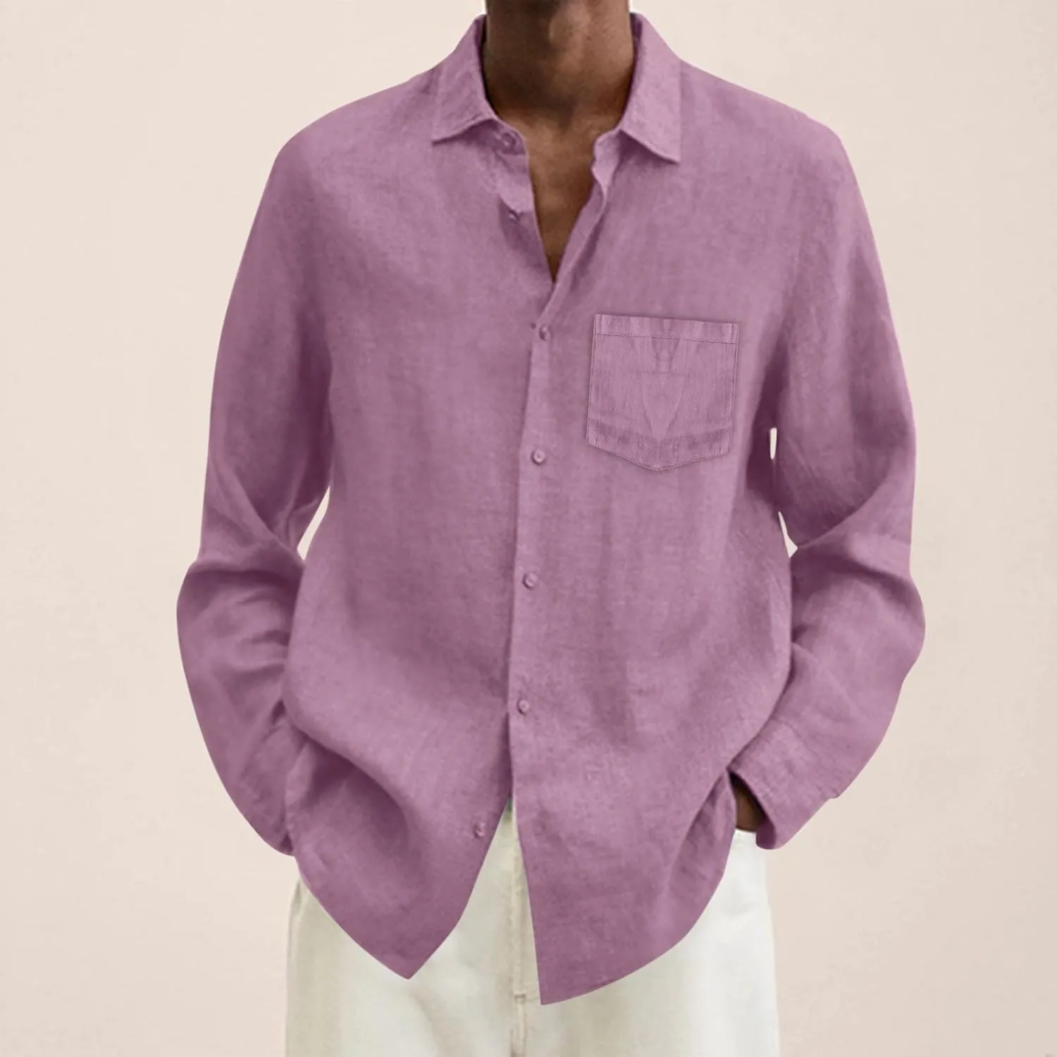 Mens Cotton Linen Button Down Shirts Loose Fit Long Sleeve Lapel T Shirts Retro Lightweight Solid Color Dress Shirt
