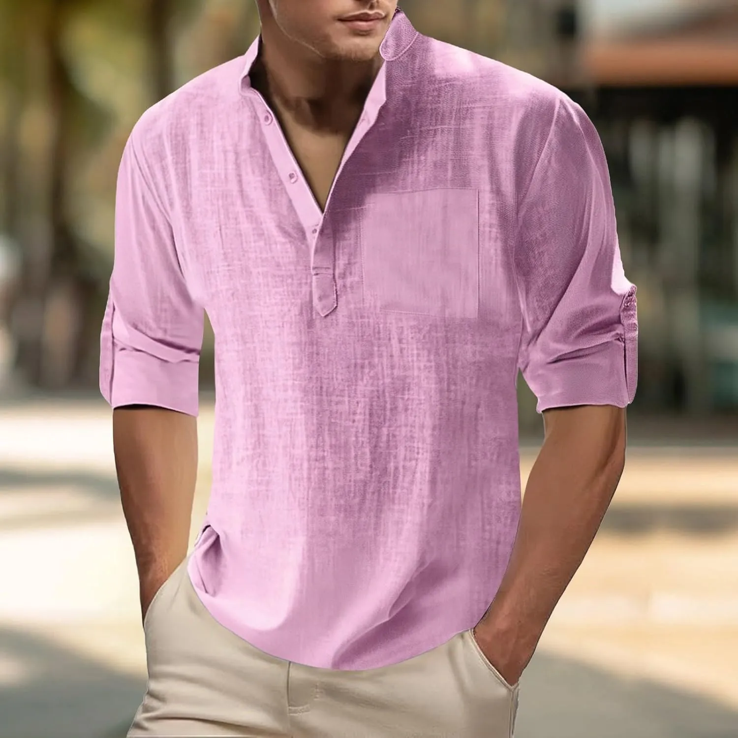 Men's Cotton Linen Henley T-Shirts Roll Up Long Sleeve Hawaii Hippie Casual Beach T-Shirts Button Down Band Collar