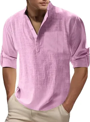 Men's Cotton Linen Henley T-Shirts Roll Up Long Sleeve Hawaii Hippie Casual Beach T-Shirts Button Down Band Collar