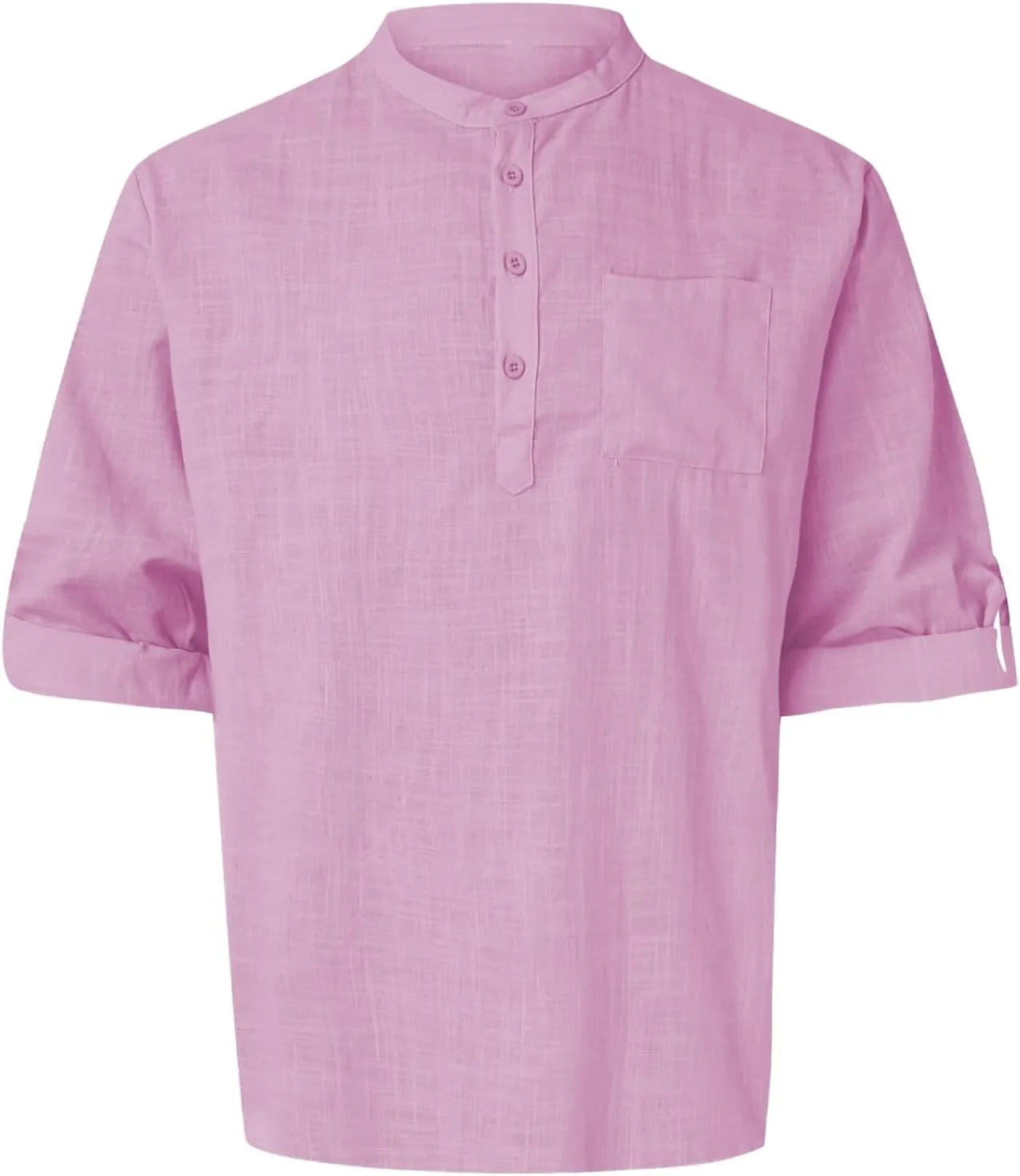 Men's Cotton Linen Henley T-Shirts Roll Up Long Sleeve Hawaii Hippie Casual Beach T-Shirts Button Down Band Collar