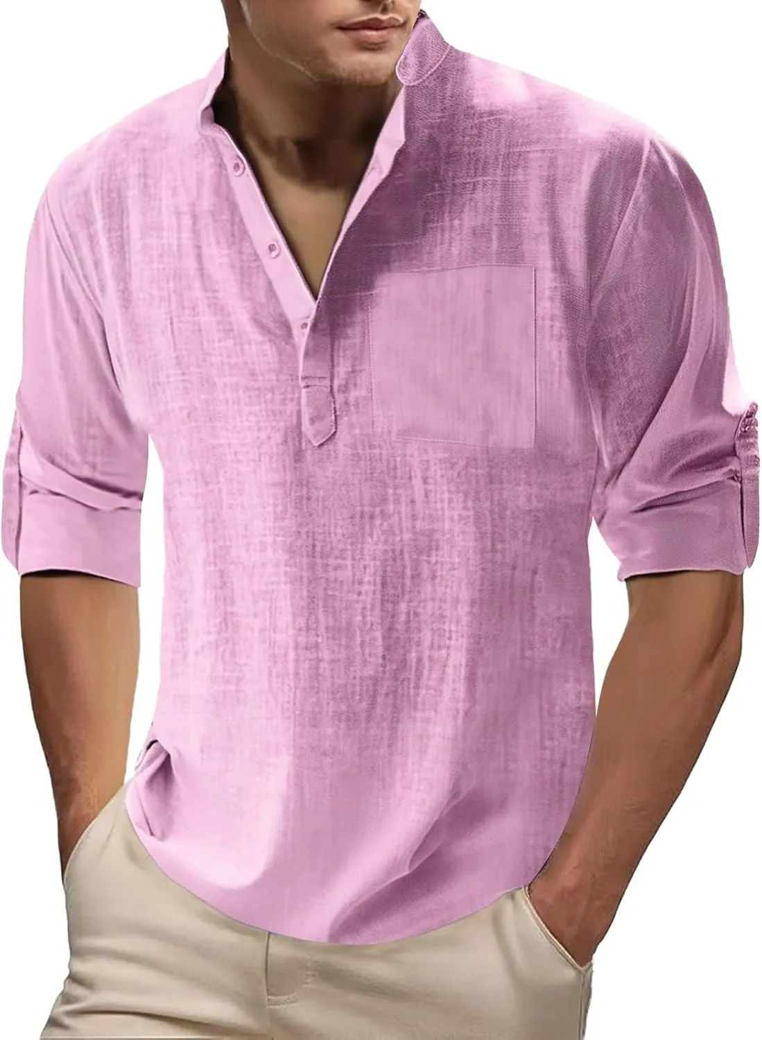 Men's Cotton Linen Henley T-Shirts Roll Up Long Sleeve Hawaii Hippie Casual Beach T-Shirts Button Down Band Collar