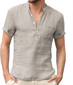 Men's Cotton Linen T-Shirts Casual Short Sleeve V Neck Button Henley Shirts Lightweight Quick Dry Beach Hippie Shirts