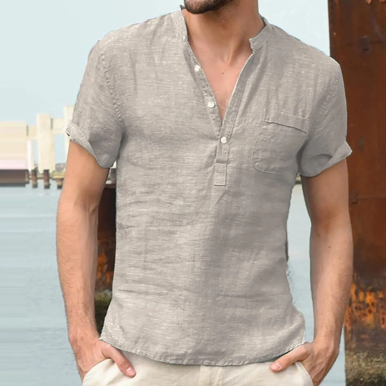 Men's Cotton Linen T-Shirts Casual Short Sleeve V Neck Button Henley Shirts Lightweight Quick Dry Beach Hippie Shirts