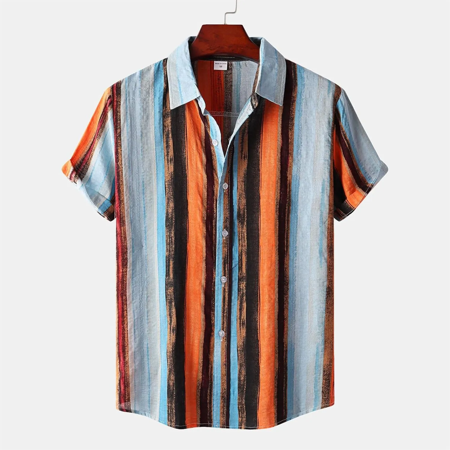 Mens Hawaiian Shirts Short Sleeve Striped Button Down Shirt Cotton Linen Tops Beach Shirt for Vacation Spring Summer