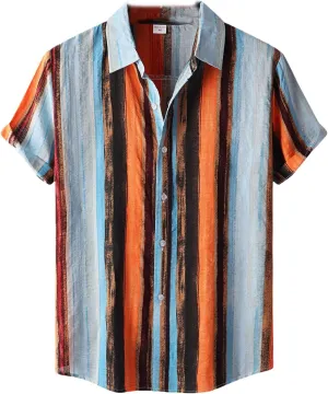 Mens Hawaiian Shirts Short Sleeve Striped Button Down Shirt Cotton Linen Tops Beach Shirt for Vacation Spring Summer