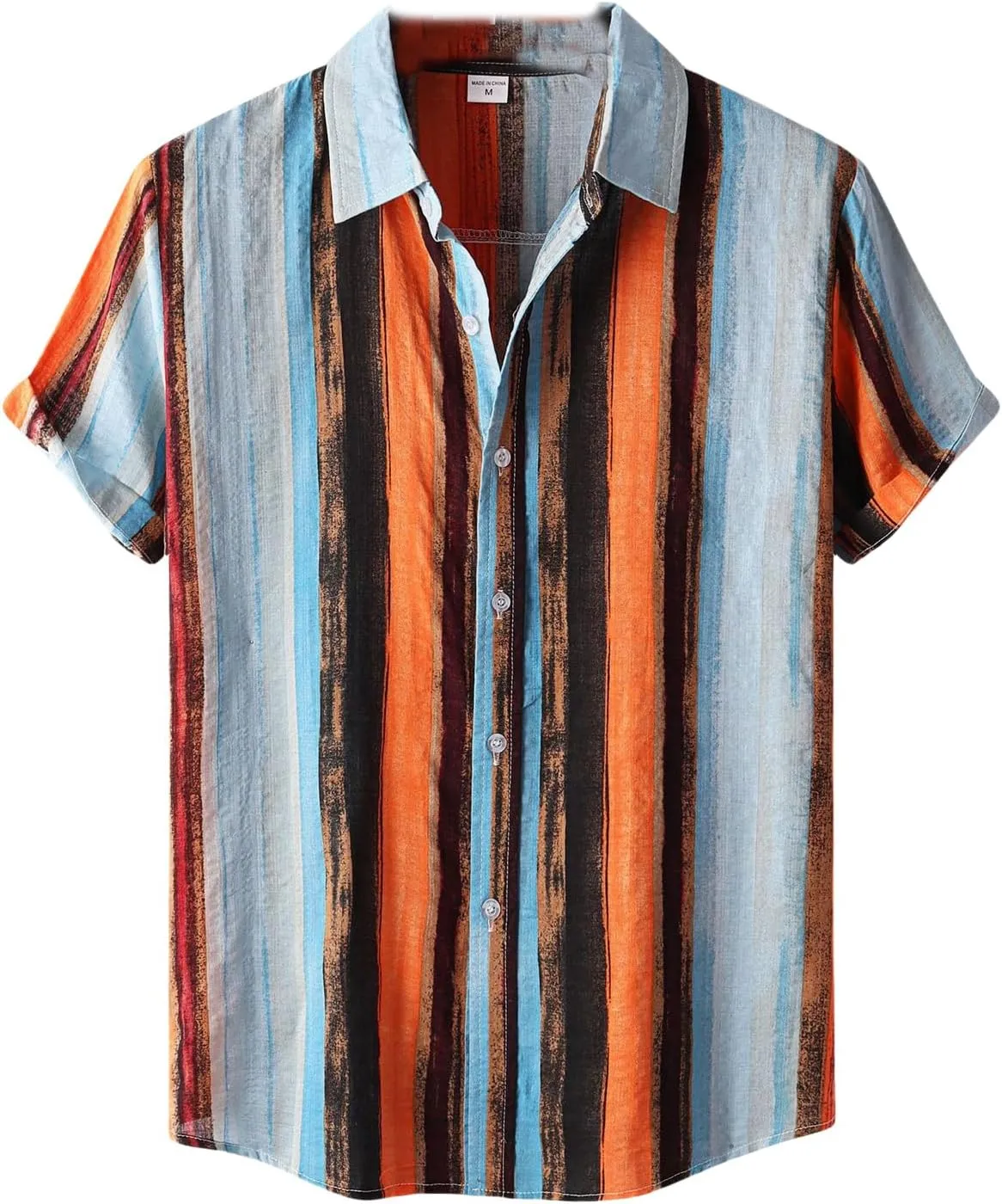 Mens Hawaiian Shirts Short Sleeve Striped Button Down Shirt Cotton Linen Tops Beach Shirt for Vacation Spring Summer