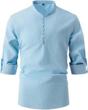 Mens Henley Neck Long Sleeve Linen Shirts Cotton Linen Henley T-Shirts Long Sleeve Hippie Casual Beach Shirts