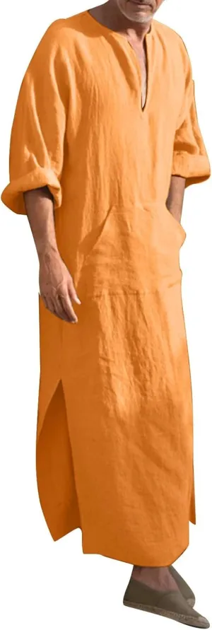 Men's Kaftan Robe Arabic T Shirts Cotton Long Sleeve Thobe V-Neck Linen Robe Casual Side Split Gown Shirt with Pockets