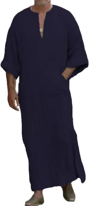 Men's Kaftan Robe Arabic T Shirts Cotton Long Sleeve Thobe V-Neck Linen Robe Casual Side Split Gown Shirt with Pockets
