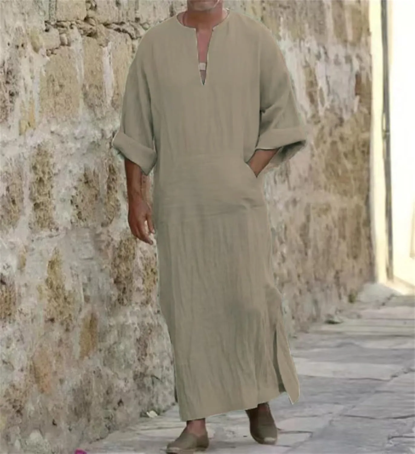 Men's Kaftan Robe Arabic T Shirts Cotton Long Sleeve Thobe V-Neck Linen Robe Casual Side Split Gown Shirt with Pockets