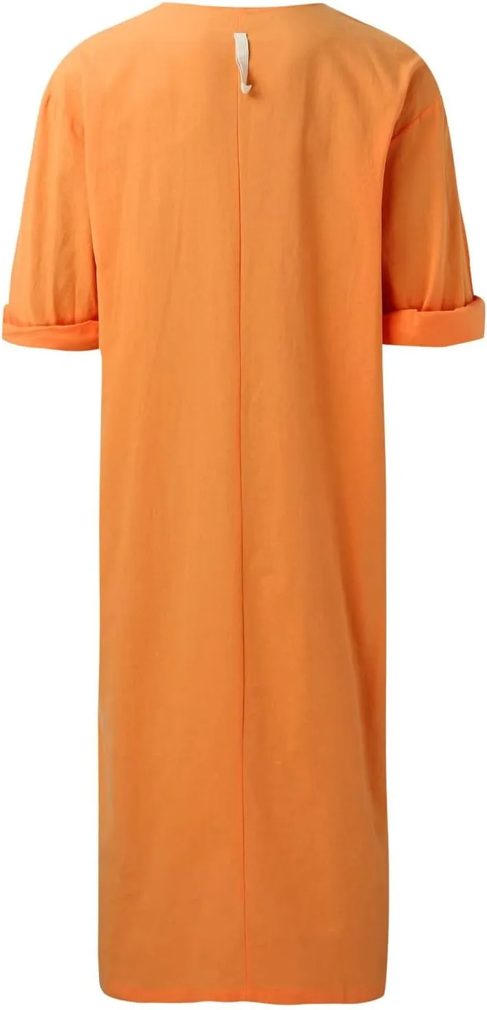 Men's Kaftan Robe Arabic T Shirts Cotton Long Sleeve Thobe V-Neck Linen Robe Casual Side Split Gown Shirt with Pockets
