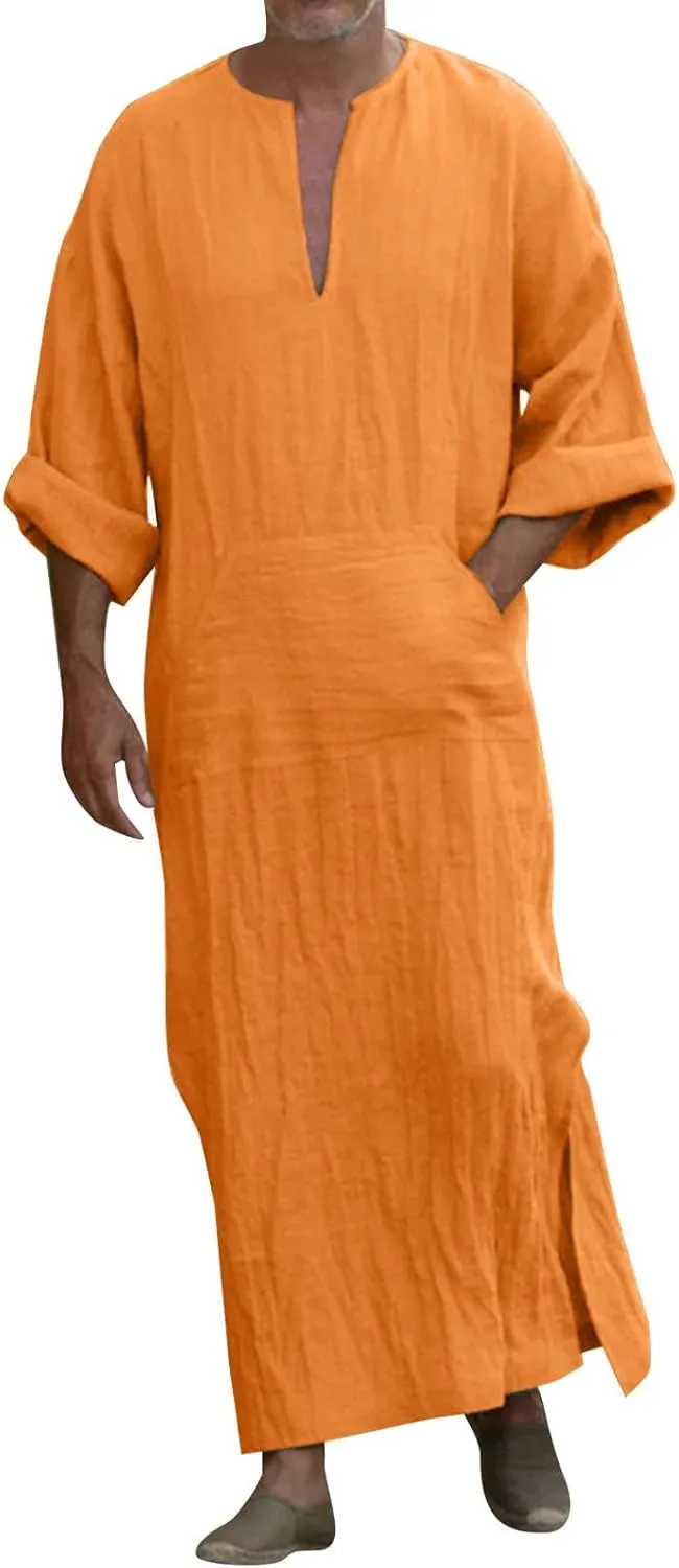 Men's Kaftan Robe Arabic T Shirts Cotton Long Sleeve Thobe V-Neck Linen Robe Casual Side Split Gown Shirt with Pockets