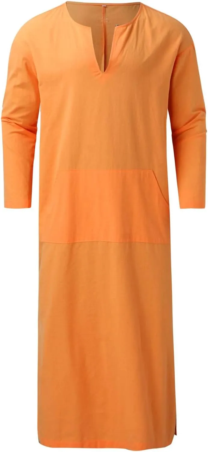 Men's Kaftan Robe Arabic T Shirts Cotton Long Sleeve Thobe V-Neck Linen Robe Casual Side Split Gown Shirt with Pockets
