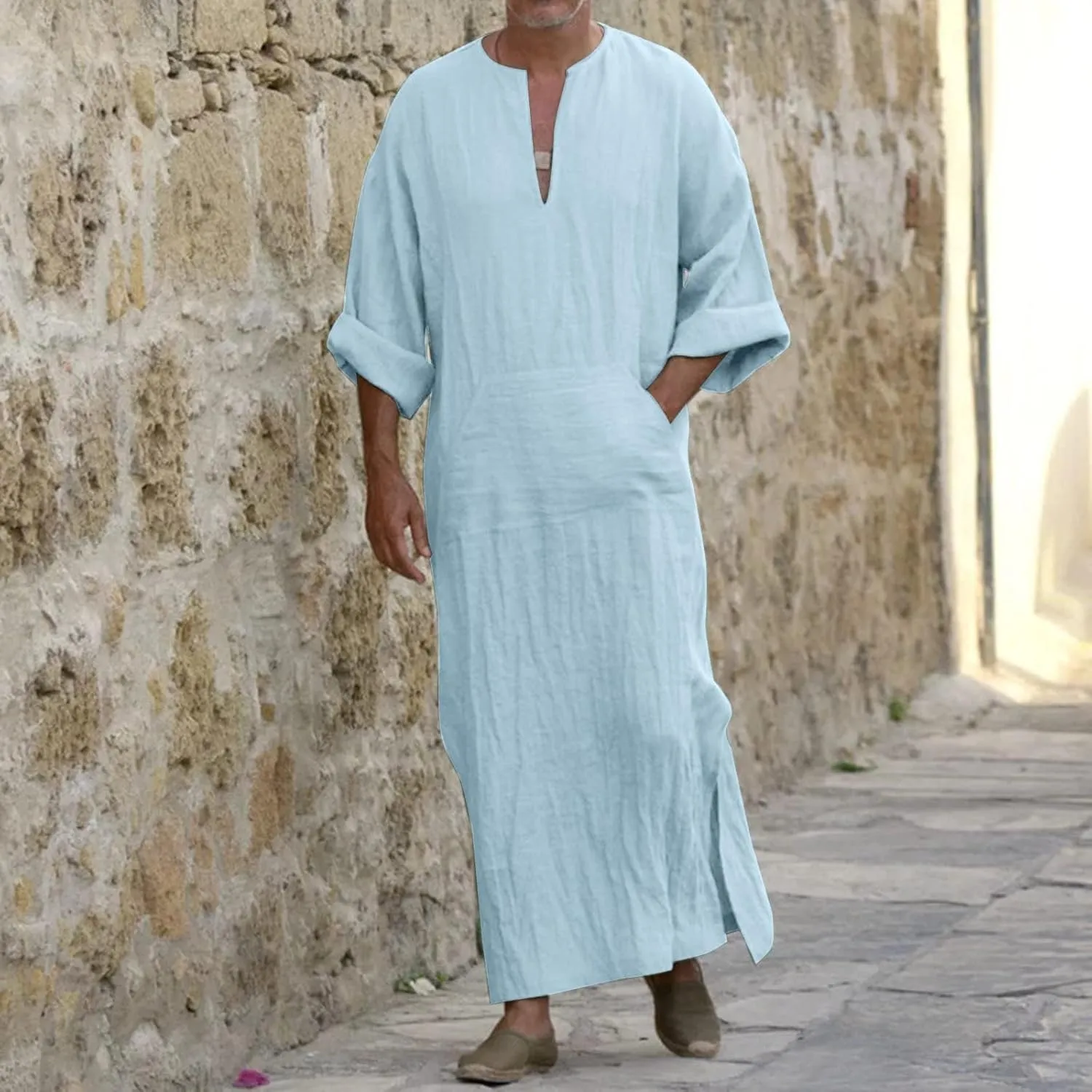 Men's Kaftan Robe Arabic T Shirts Cotton Long Sleeve Thobe V-Neck Linen Robe Casual Side Split Gown Shirt with Pockets