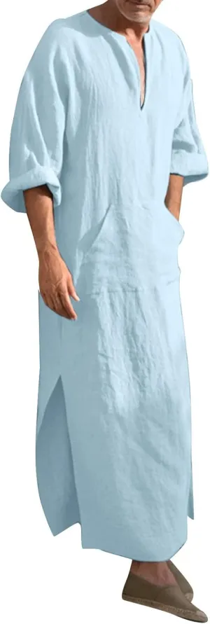 Men's Kaftan Robe Arabic T Shirts Cotton Long Sleeve Thobe V-Neck Linen Robe Casual Side Split Gown Shirt with Pockets