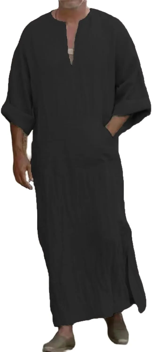 Men's Kaftan Robe Arabic T Shirts Cotton Long Sleeve Thobe V-Neck Linen Robe Casual Side Split Gown Shirt with Pockets