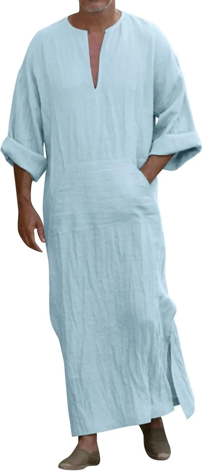 Men's Kaftan Robe Arabic T Shirts Cotton Long Sleeve Thobe V-Neck Linen Robe Casual Side Split Gown Shirt with Pockets