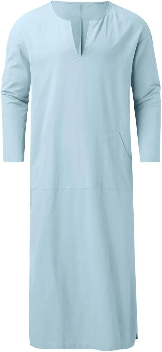 Men's Kaftan Robe Arabic T Shirts Cotton Long Sleeve Thobe V-Neck Linen Robe Casual Side Split Gown Shirt with Pockets