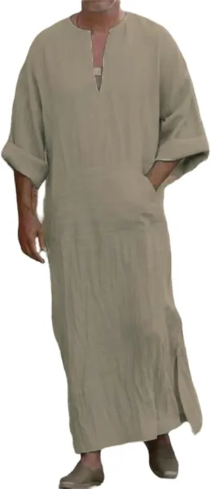 Men's Kaftan Robe Arabic T Shirts Cotton Long Sleeve Thobe V-Neck Linen Robe Casual Side Split Gown Shirt with Pockets