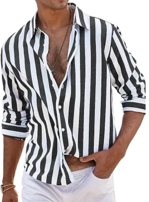 Mens Linen Shirts Long Sleeve Button Down Striped Casual Stylish Dressy Loose Tops Outdoors Summer Beach Blouses