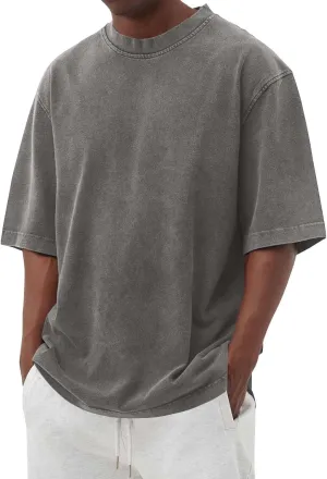 Mens Short Sleeve Crewneck Oversized T Shirt Heavy Cotton Summer T-Shirts American Vintage Washed Distressed Tee Tops