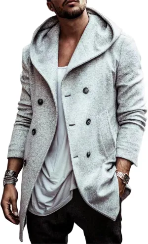 Mens Trench Coat with Hooded Slim Fit Mid Long Jackets Warm Winter Trench Coat Double Breasted Overcoat Windbreaker