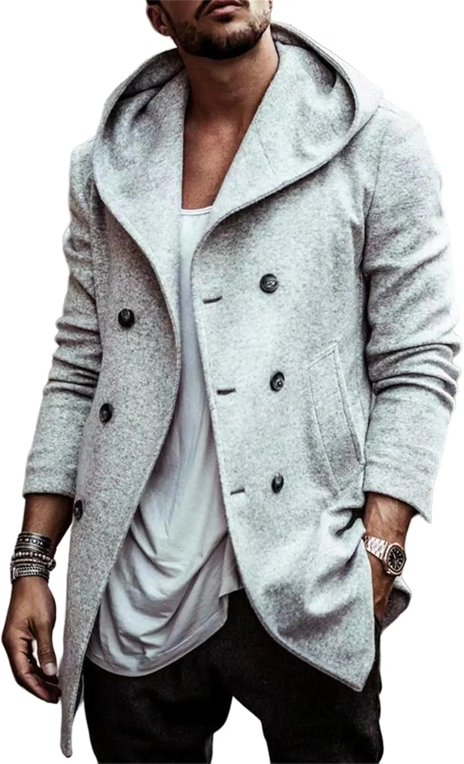 Mens Trench Coat with Hooded Slim Fit Mid Long Jackets Warm Winter Trench Coat Double Breasted Overcoat Windbreaker