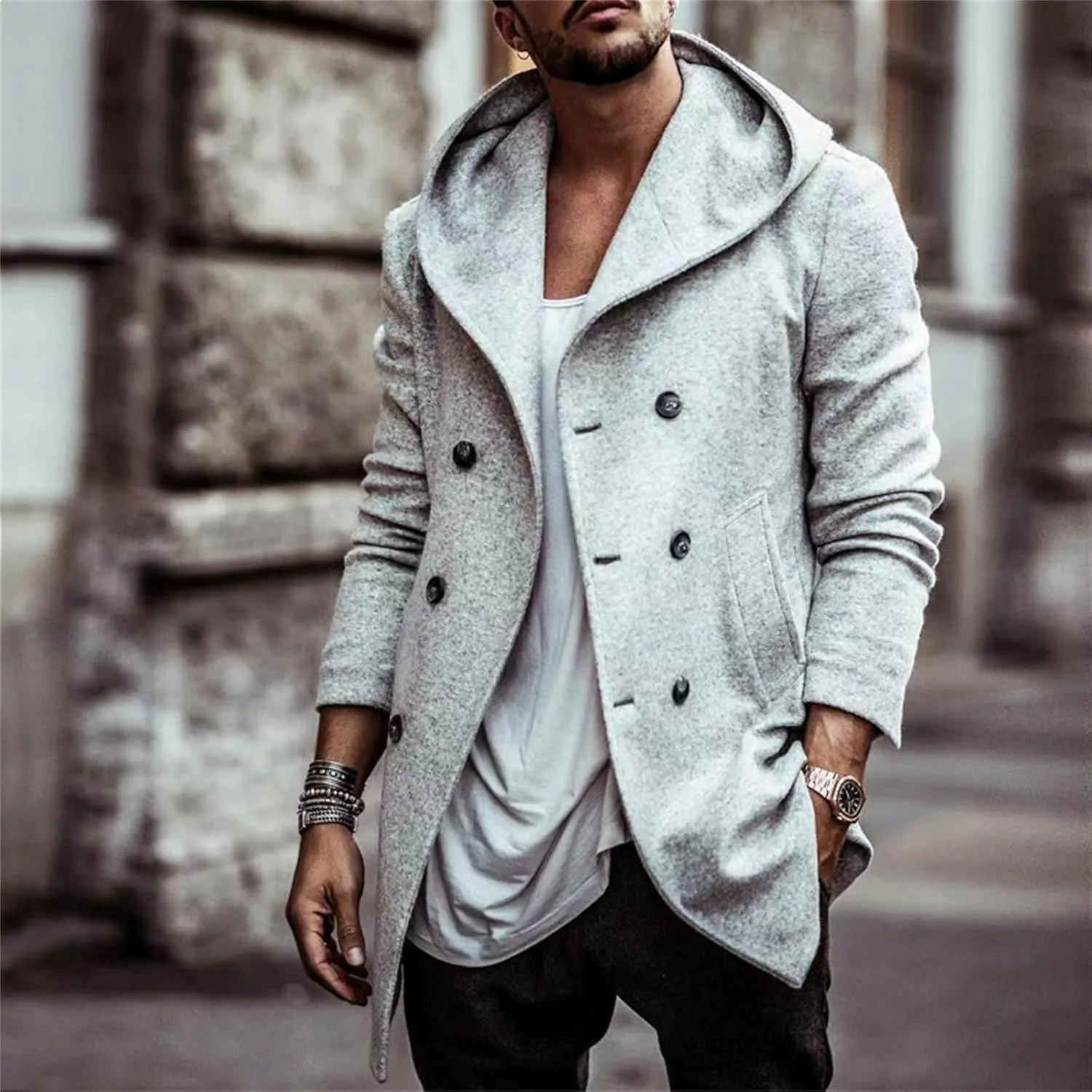 Mens Trench Coat with Hooded Slim Fit Mid Long Jackets Warm Winter Trench Coat Double Breasted Overcoat Windbreaker
