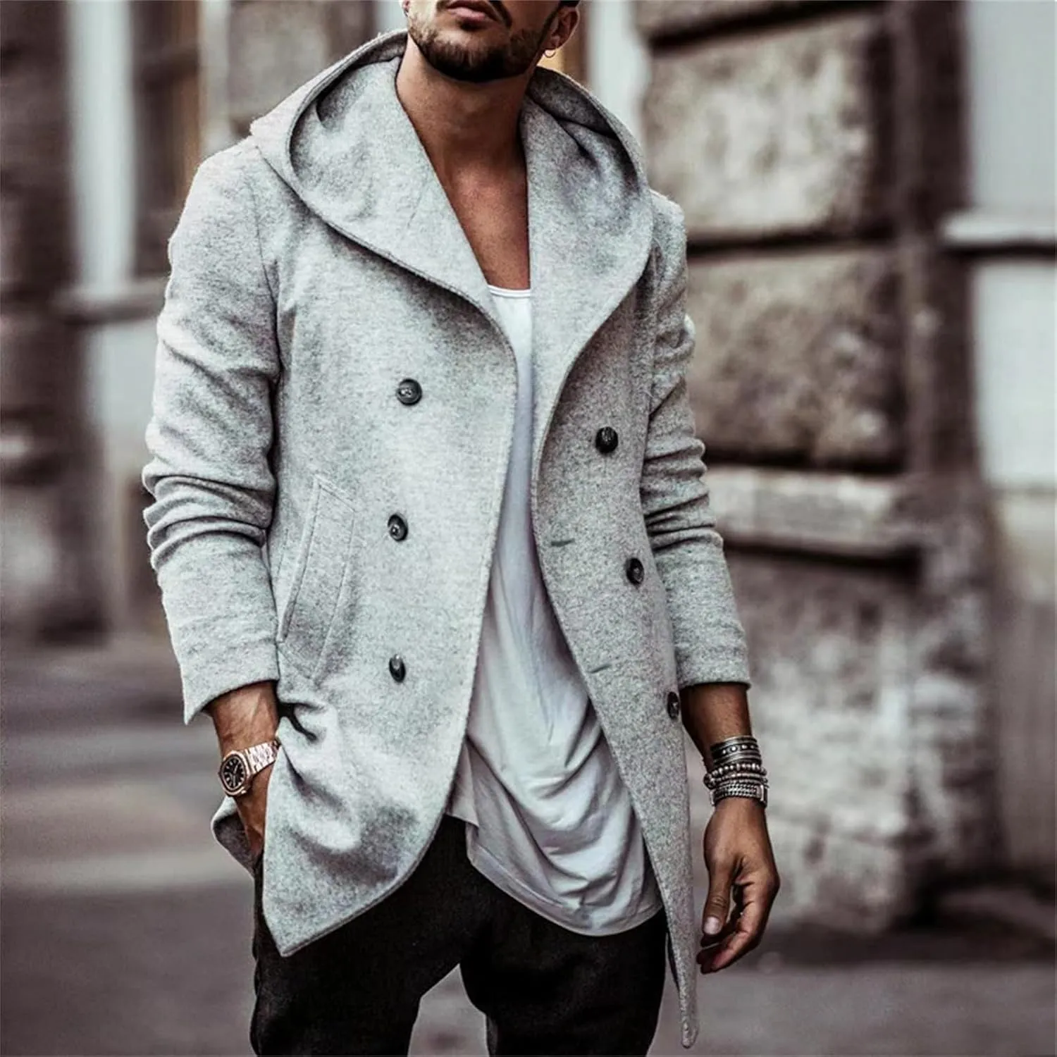 Mens Trench Coat with Hooded Slim Fit Mid Long Jackets Warm Winter Trench Coat Double Breasted Overcoat Windbreaker