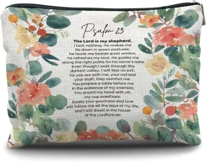 Nogrit Christian Inspirational Makeup Bag Cosmetic Bags for Women, Christian Gifts for Women Faith, Religious Bible Verse Floral Small Makeup Cosmetic Bag for Purse, PSALM 23