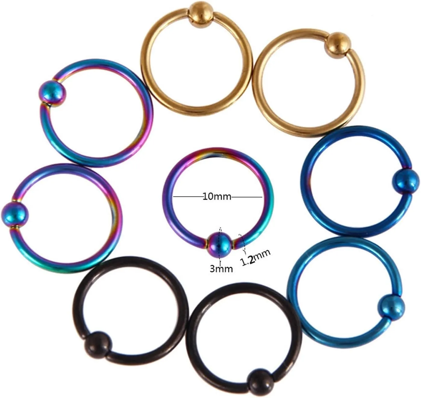 Nose Jewelry, Cartilage Piercing Jewelry Stainless Steel 10pcs Eyebrow Ring 1.2mm Thickness Hoop and Ball Piercing Jewelry Friendship Gift