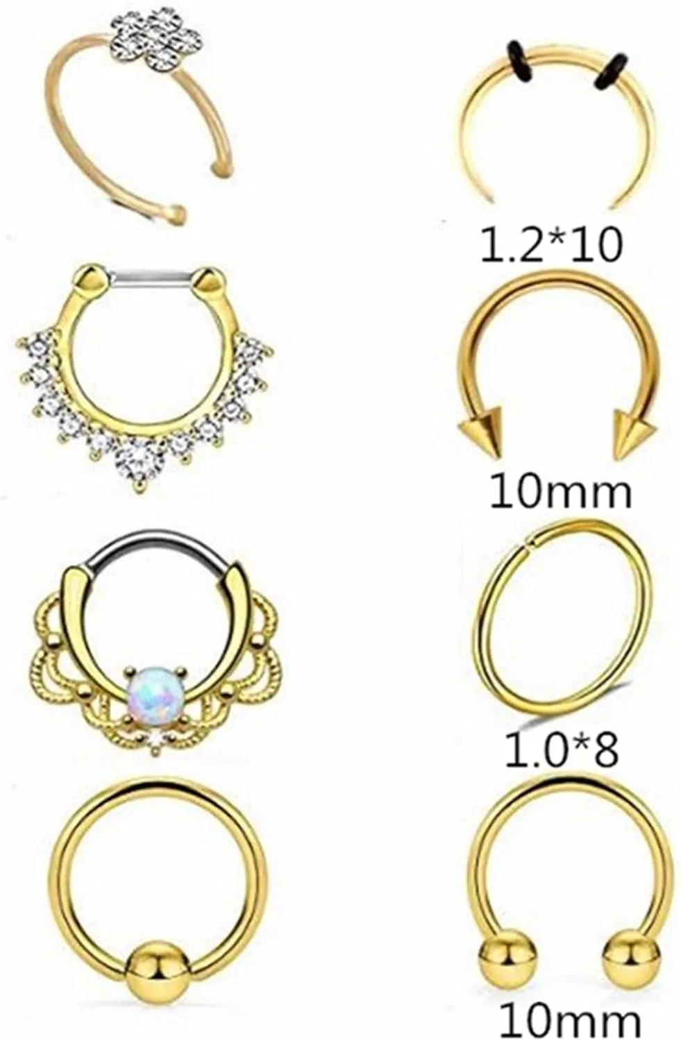 Nose Piercing Jewelry, Cartilage Piercing Jewelry Surgical Steel 8pcs Cubic Zirconia C Shape Opal Piercing Jewelry Birthday Gift for Women