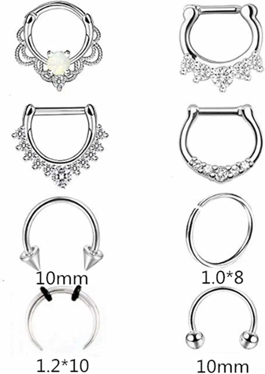 Nose Piercing Jewelry, Cartilage Piercing Jewelry Surgical Steel 8pcs Cubic Zirconia C Shape Opal Piercing Jewelry Birthday Gift for Women