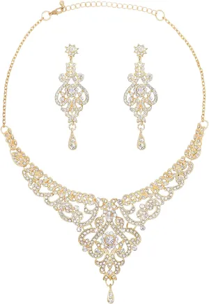 Oriamour Prom Jewelry Wedding Jewelry Set Bridal Necklace Rhinestone Earrings (Gold)
