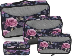 Packing Cube Set for Travel Pattern Purple Flower Print, 4 Pcs Wide Zipper Opening Luggage Packing Organizers Travel Accessories for Organizing Clothing in Suitcases