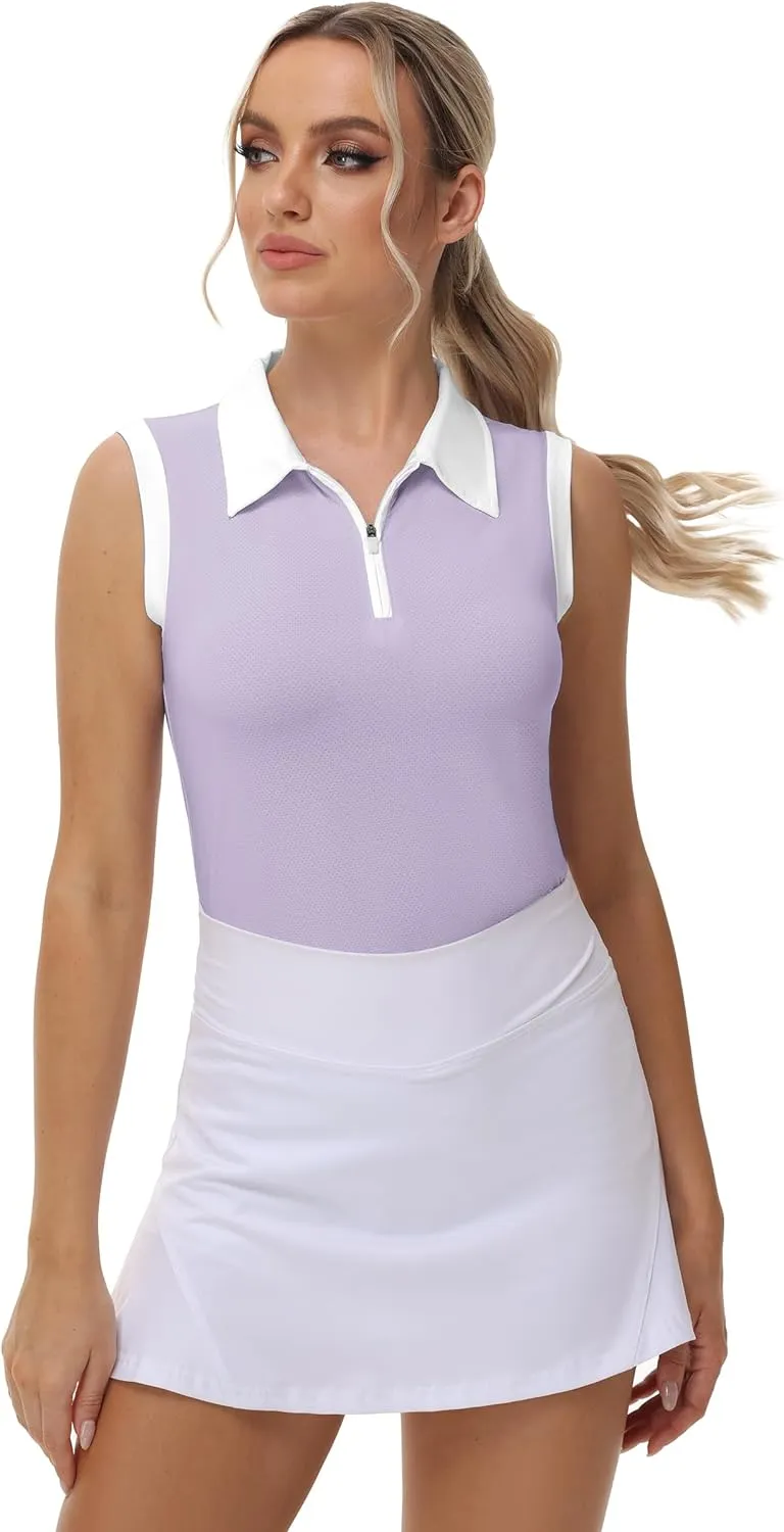 Patchwork Polo Shirts Womens Athletic Golf Tennis Tanks Top Split Side Zipper V Neck Shirts Sleeveless Tanks Top