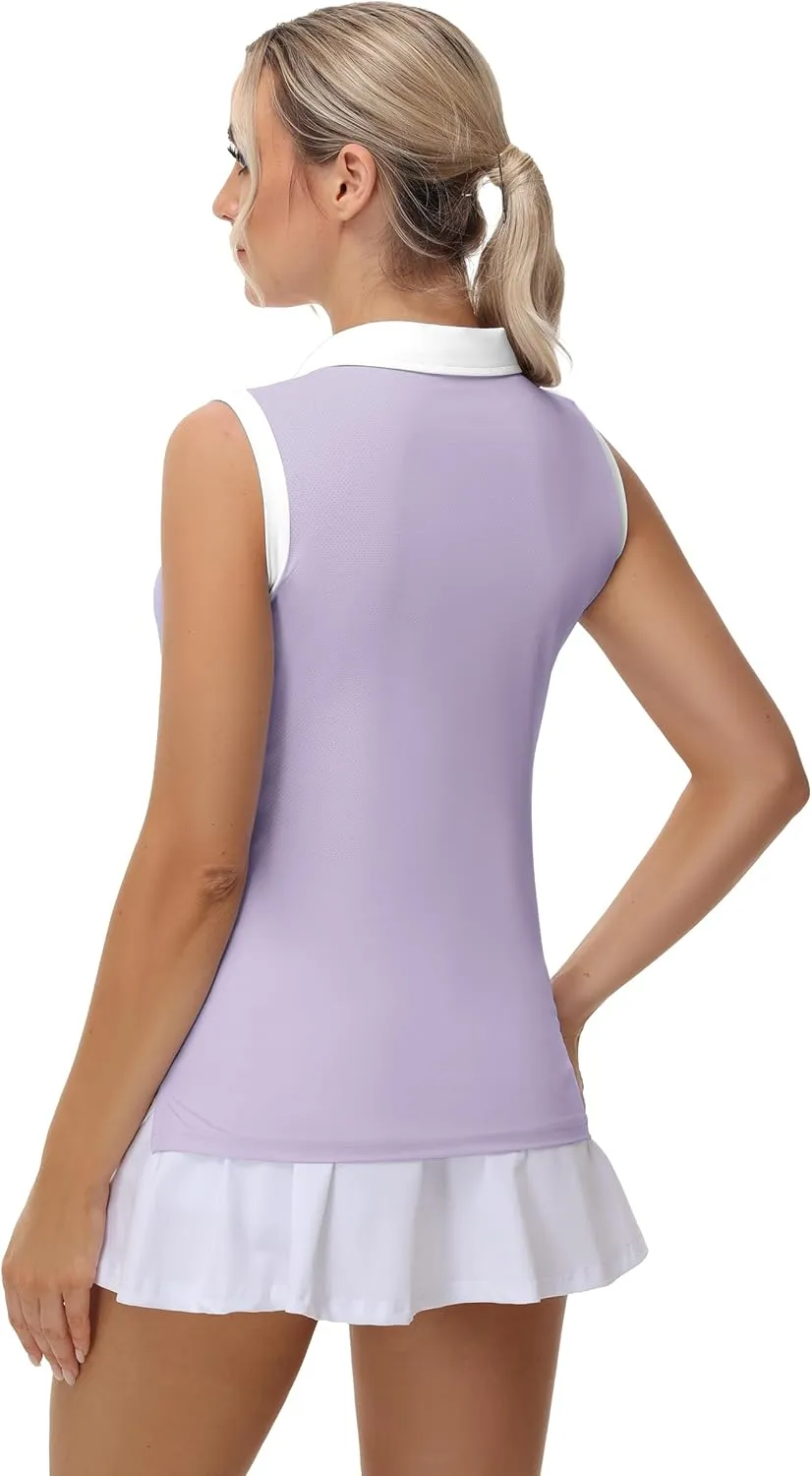 Patchwork Polo Shirts Womens Athletic Golf Tennis Tanks Top Split Side Zipper V Neck Shirts Sleeveless Tanks Top