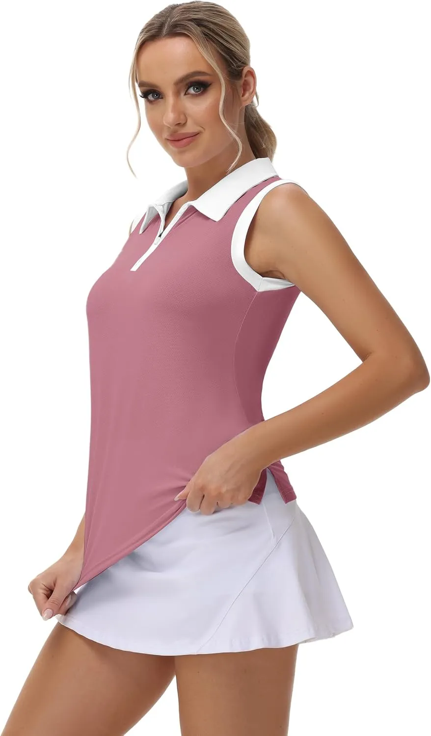 Patchwork Polo Shirts Womens Athletic Golf Tennis Tanks Top Split Side Zipper V Neck Shirts Sleeveless Tanks Top