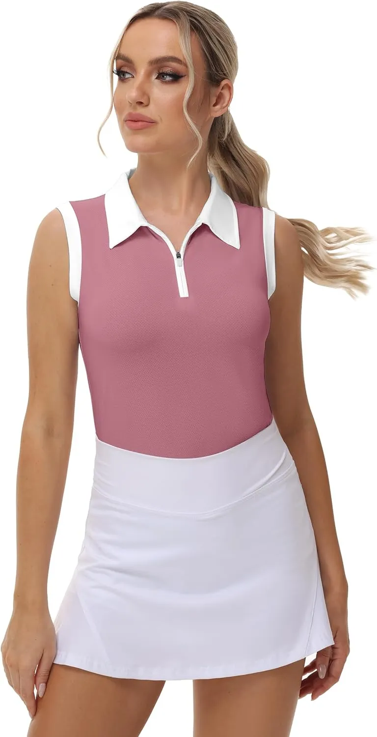 Patchwork Polo Shirts Womens Athletic Golf Tennis Tanks Top Split Side Zipper V Neck Shirts Sleeveless Tanks Top