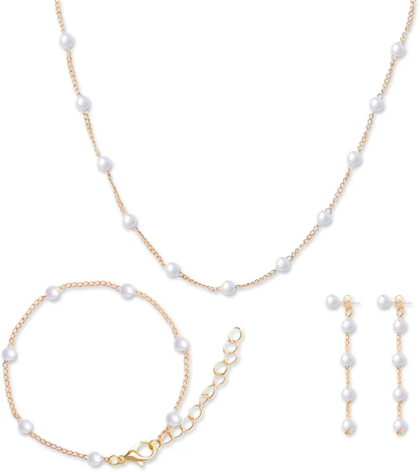Pearl Jewelry Set for Women Girls Necklace Earrings Bracelet Set Gold Pearl Jewelry Set for Women Jewelry Set of 3