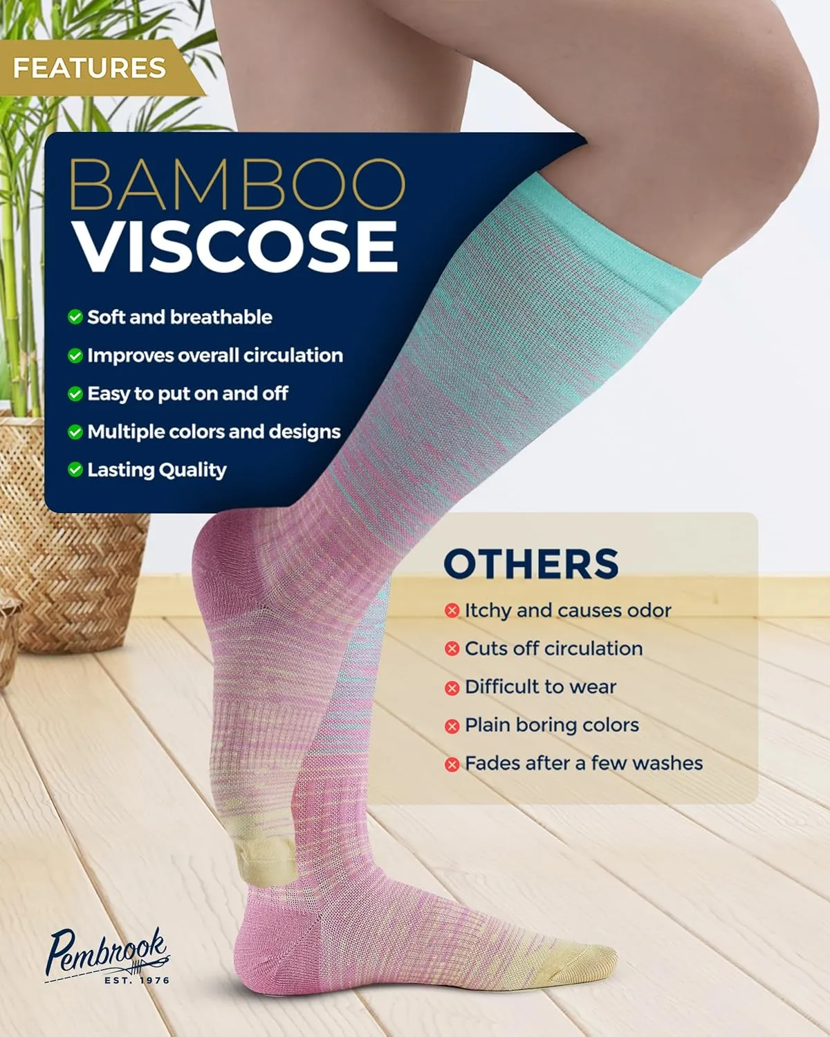 Pembrook Bamboo Viscose Light Compression Socks - 3 Pairs | 8-15 mmhg Compression Socks | Knee High Comfort Support Socks