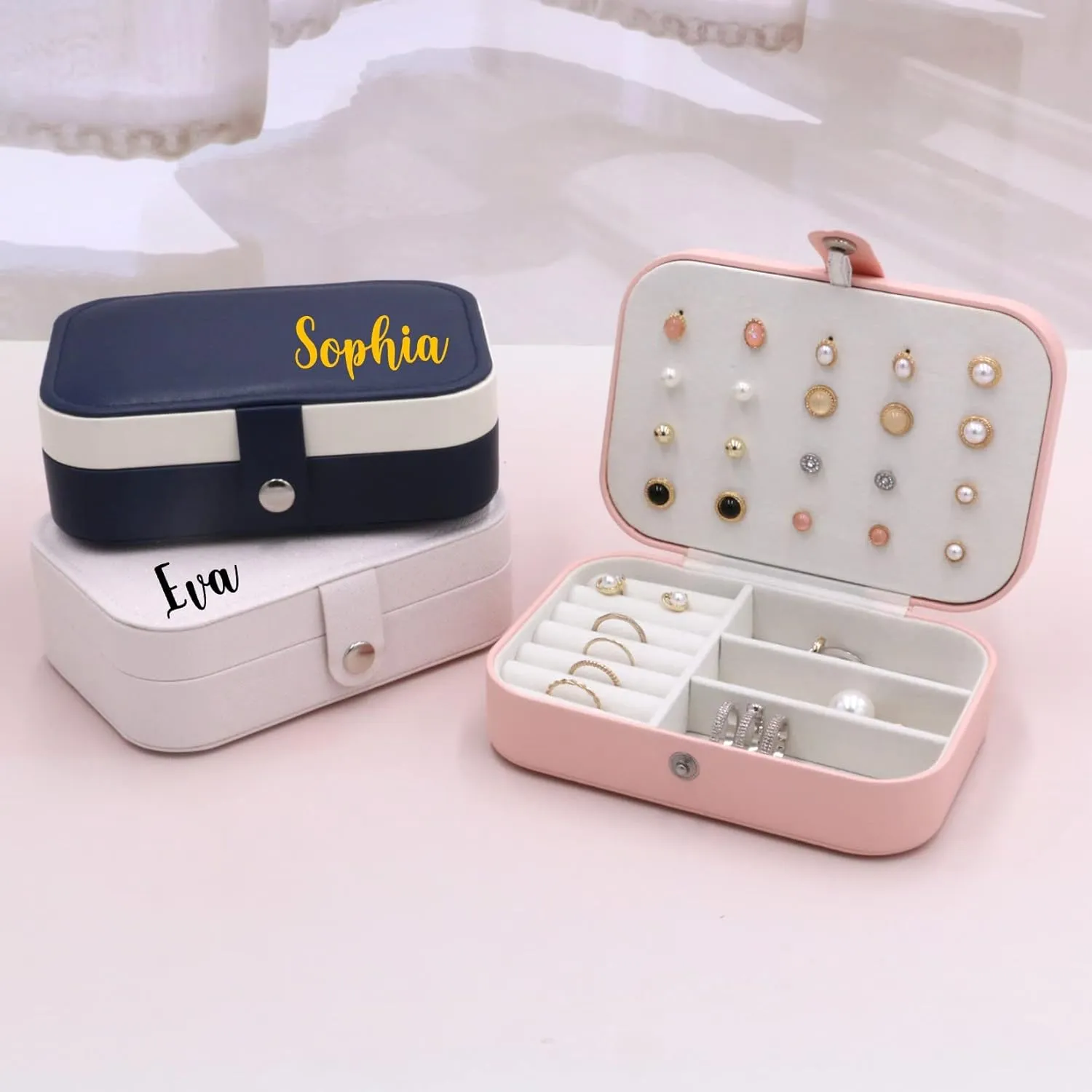 Personalized Jewelry Box For Girls | PU Leather Travel Jewelry Case | Jewelry Boxes For Women | Jewelry Organizers And Storage | Box For Earring, Ring, Necklace - Bridesmaid Gifts (White With Name)