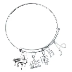 Personalized Music Piano Charm Bangle Bracelet - Music Jewelry - Music Gift - Piano Jewelry - Music Note-Music Lover Jewelry Gift for Pianist