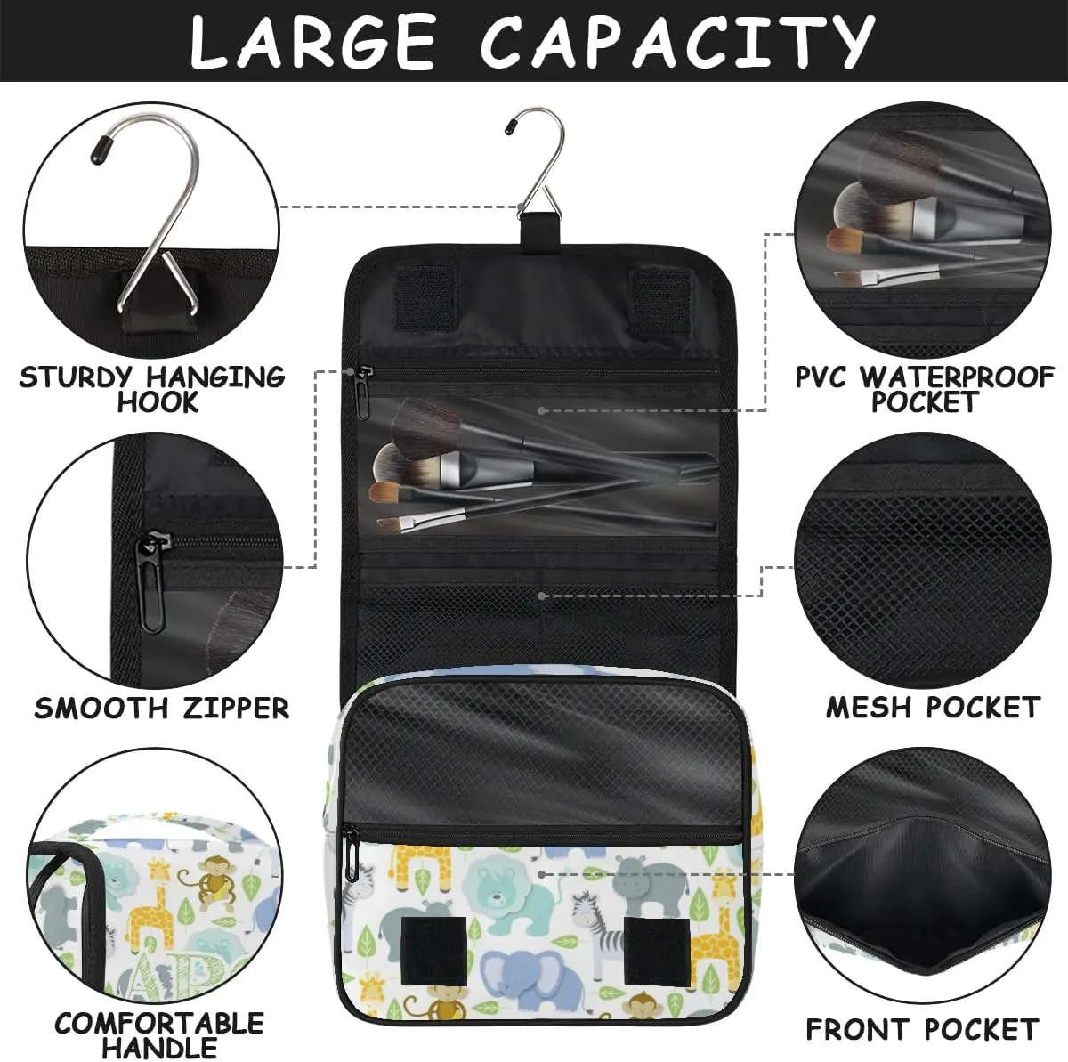 Personalized Travel Makeup Bag Cosmetic Bag for Woman Men,Custom Hanging Toiletry Makeup Bag with Handle Great DIY Gift for Boys and Girls Elephant Lion Hippo Zebra