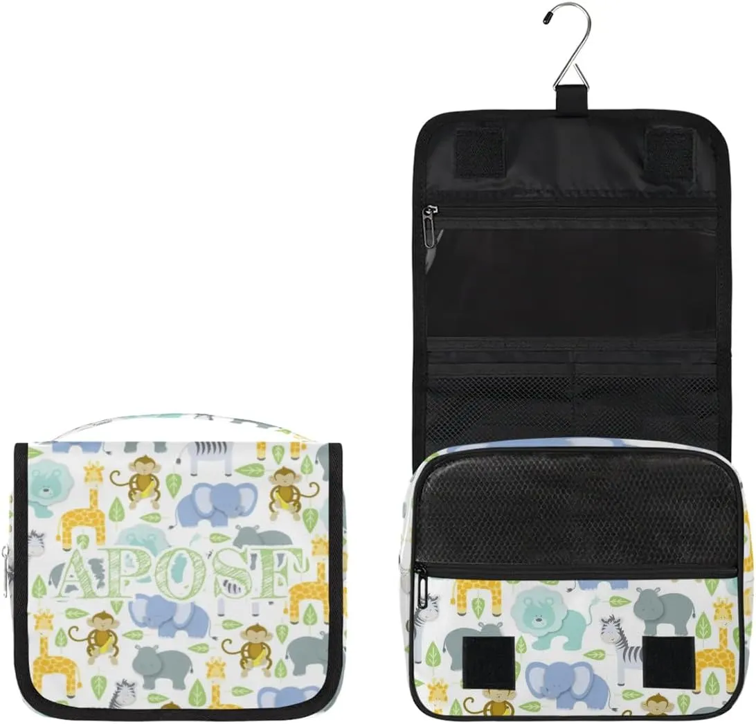Personalized Travel Makeup Bag Cosmetic Bag for Woman Men,Custom Hanging Toiletry Makeup Bag with Handle Great DIY Gift for Boys and Girls Elephant Lion Hippo Zebra