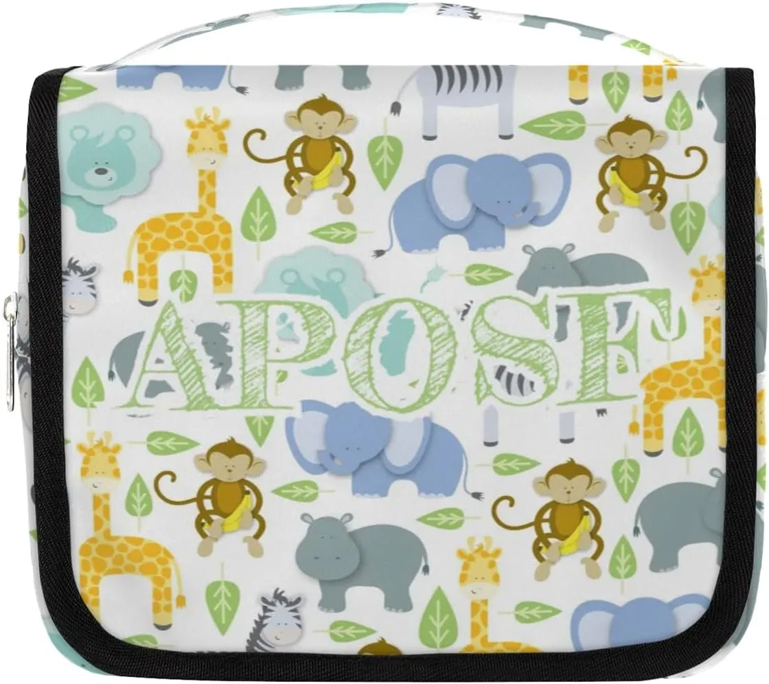 Personalized Travel Makeup Bag Cosmetic Bag for Woman Men,Custom Hanging Toiletry Makeup Bag with Handle Great DIY Gift for Boys and Girls Elephant Lion Hippo Zebra