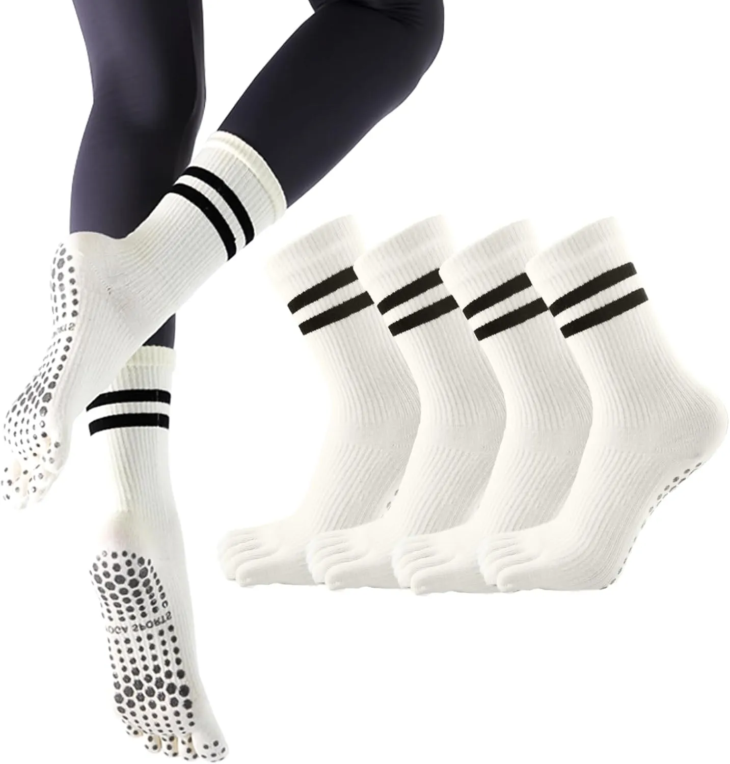 Pilates Socks for Women, Non Slip Yoga Five Toe Grippy Socks for Hospital Barre Sticky Gym Slipper Socks 4 Pairs