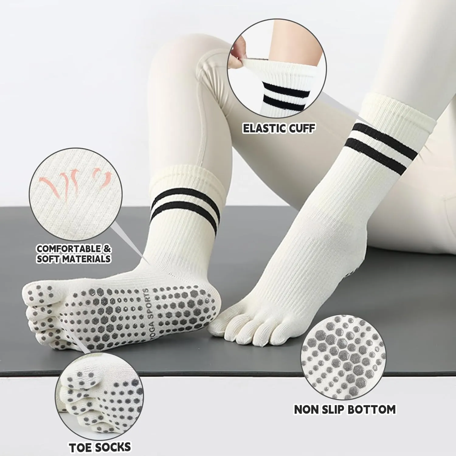 Pilates Socks for Women, Non Slip Yoga Five Toe Grippy Socks for Hospital Barre Sticky Gym Slipper Socks 4 Pairs